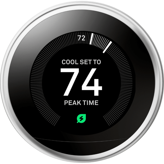 Thermostat showing 'cool set to 74' during peak energy time.